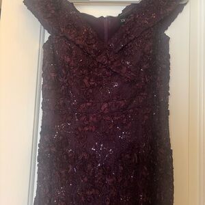 Xscape Off-Shoulder Lace Gown in Beige